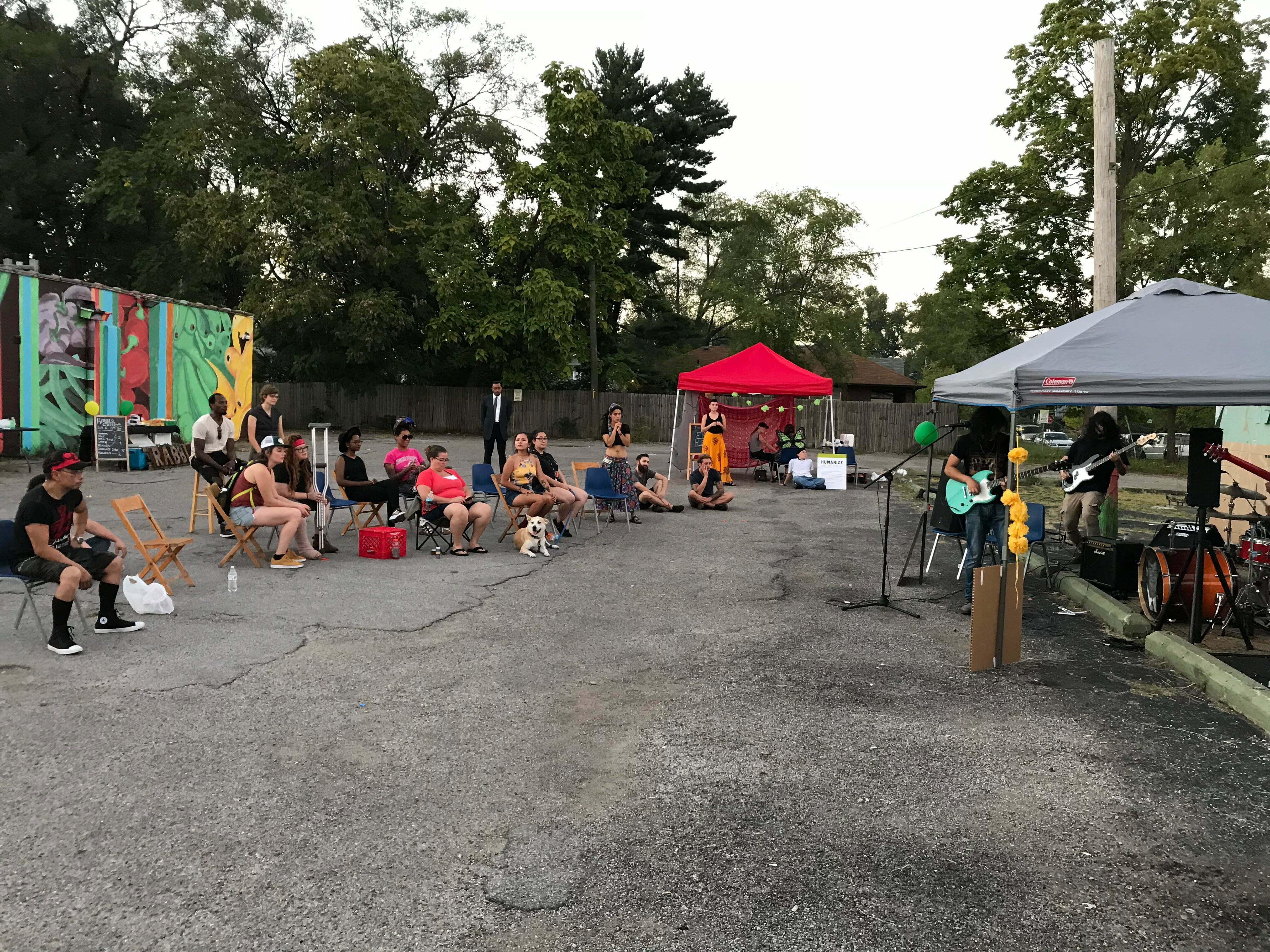 group gathered to hear musicians at starship